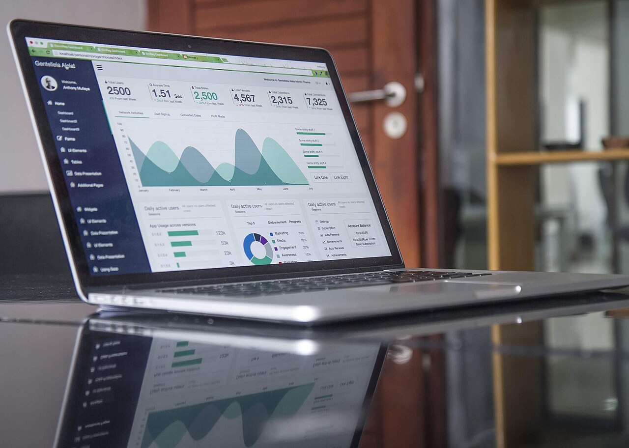 Laptop screen showing an analytics dashboard with charts